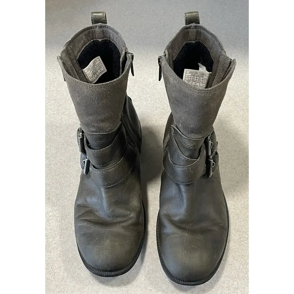 UGG WILDE Slate Leather Ankle Boots MOTO Riding Biker W/Buckles Women’s Size 7.5